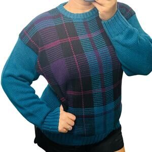 Vintage Grandpa Sweater Chunky Knit Plaid Color Block Ribbed Crewneck Oversized